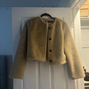 Zara Cream/beige Faux Fur Jacket